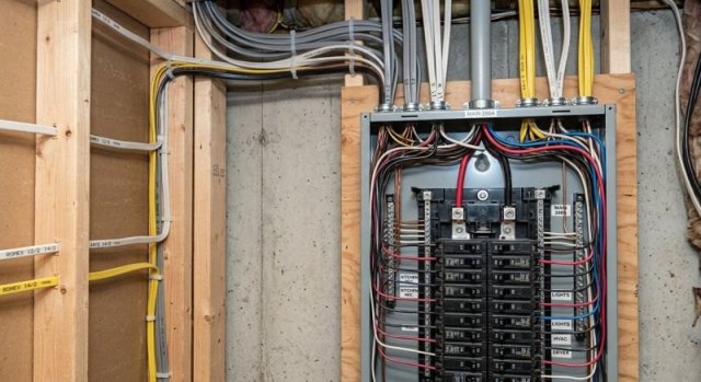 Two home project photos showing an electrical panel and residential wiring location