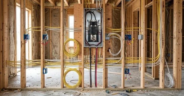 Residential construction site with electrical wiring in progress