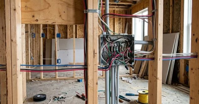 Residential construction site with electrical wiring in progress