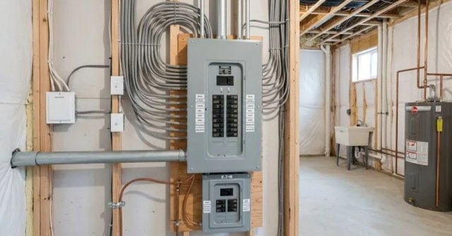 Home electrical panel being examined during an inspection