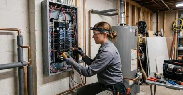 Two photos showing a residential electrical panel and affected circuit area