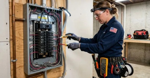 Two photos showing a residential electrical panel and affected circuit area