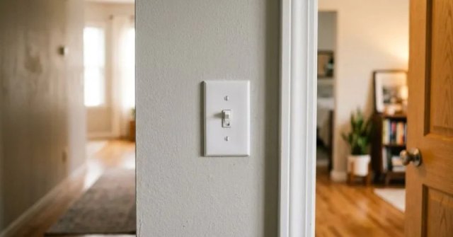 Two photos showing existing wall switches and planned switch locations