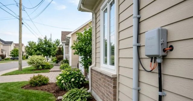 Two home project photos showing fiber optic cable routing and a network equipment location