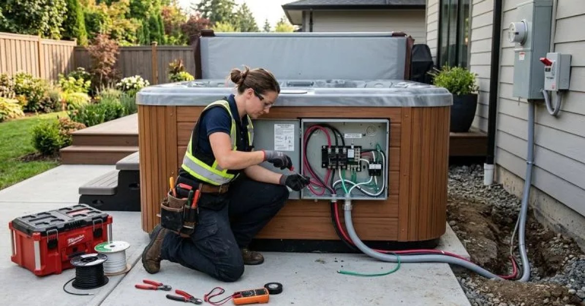 Outdoor hot tub with nearby electrical connection area