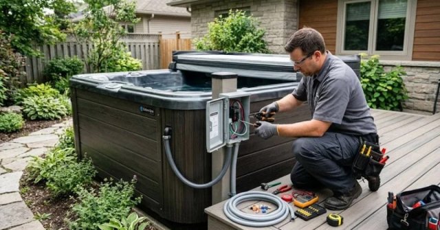 Outdoor hot tub area being documented for an electrical wiring estimate