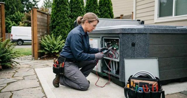 Outdoor hot tub area being documented for an electrical wiring estimate