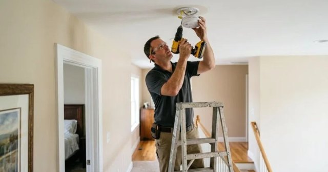 Two photos showing existing smoke detectors and planned installation areas