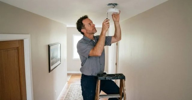 Two photos showing existing smoke detectors and planned installation areas
